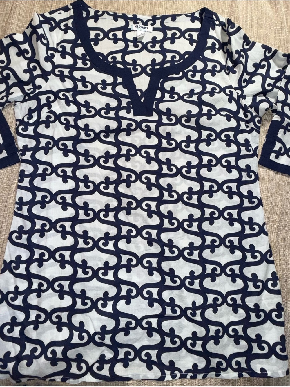 Old Navy Navy and White Scroll-Print Tunic Top